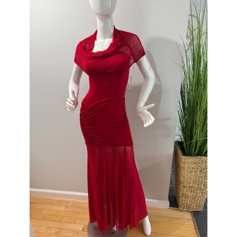 MESHKI Red Off Shoulder Ruched Mesh Maxi Dress Size XXl - Picture 7 of 17